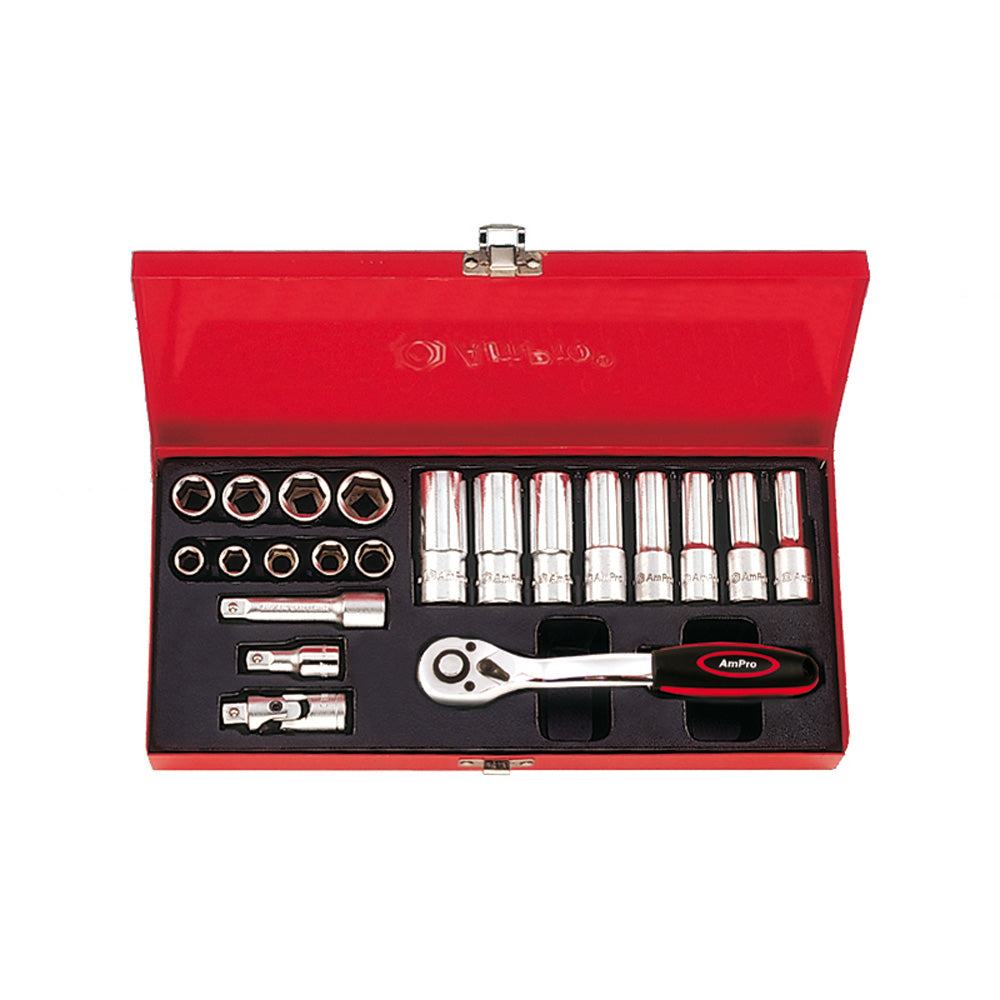JUEGO DE DADOS CORTOS Y LARGOS Y ACCESORIOS 3/8" 21 PZS 9-19MM