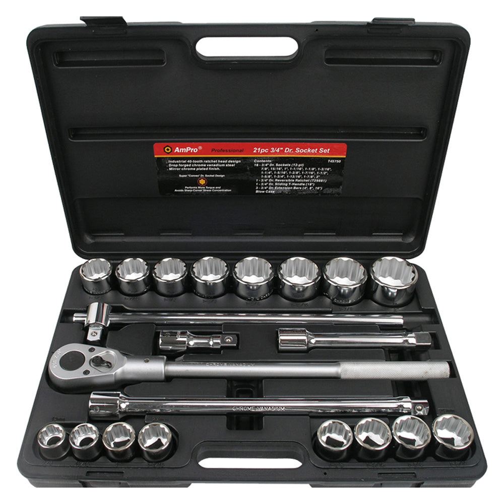 JUEGO DE DADOS CORTOS Y ACCESORIOS 3/4" 21 PZS 7/8" - 2" 12PUNTAS