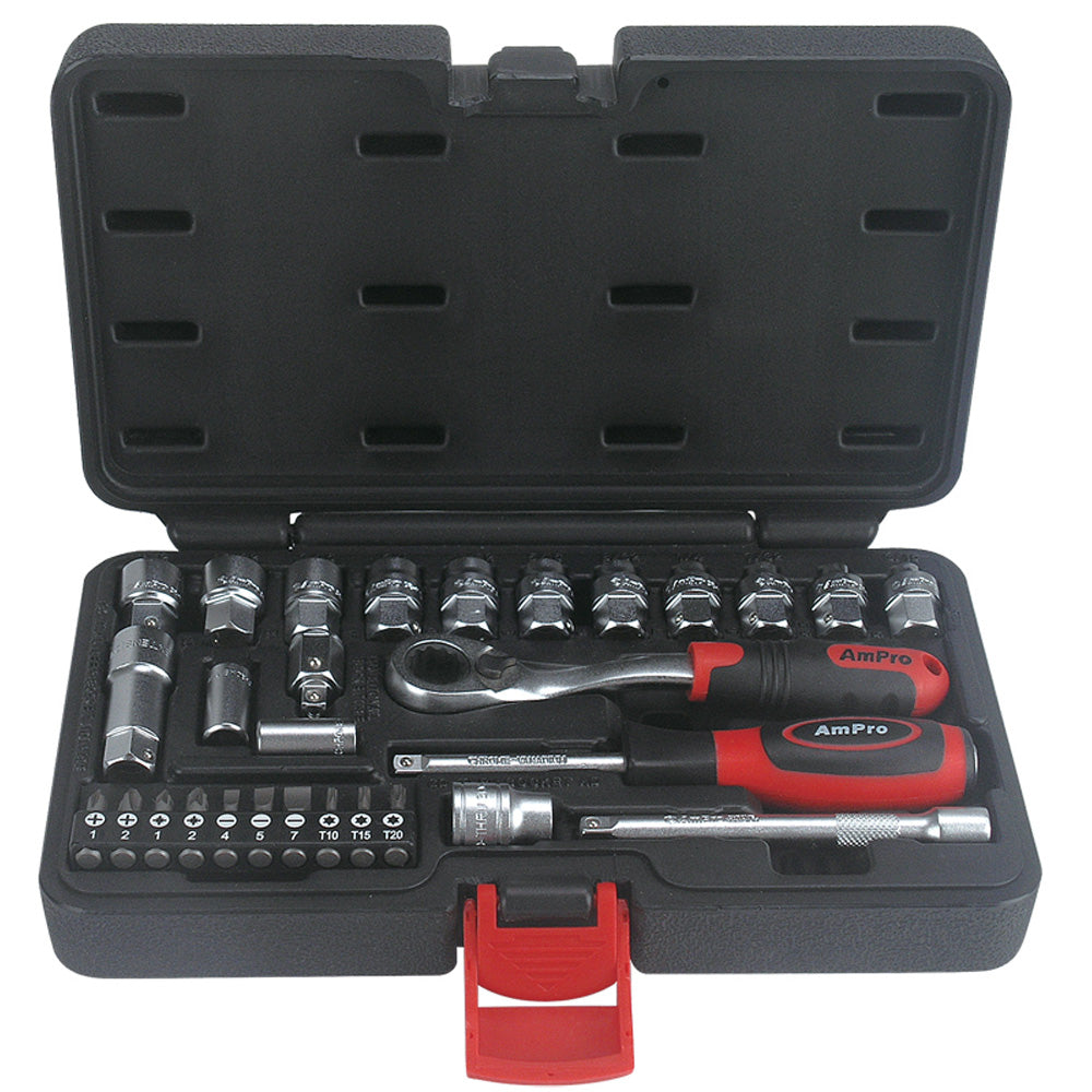 JUEGO DE DADOS FITS ALL CORTOS Y ACCESORIOS 1/4" 29 PZS 4.5-13MM (3/16"-1/2")