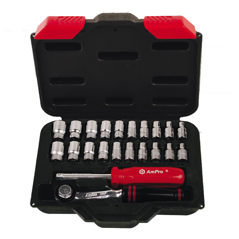 JUEGO DE DADOS CORTOS Y ACCESORIOS 1/4" 22 PZS 4-13MM